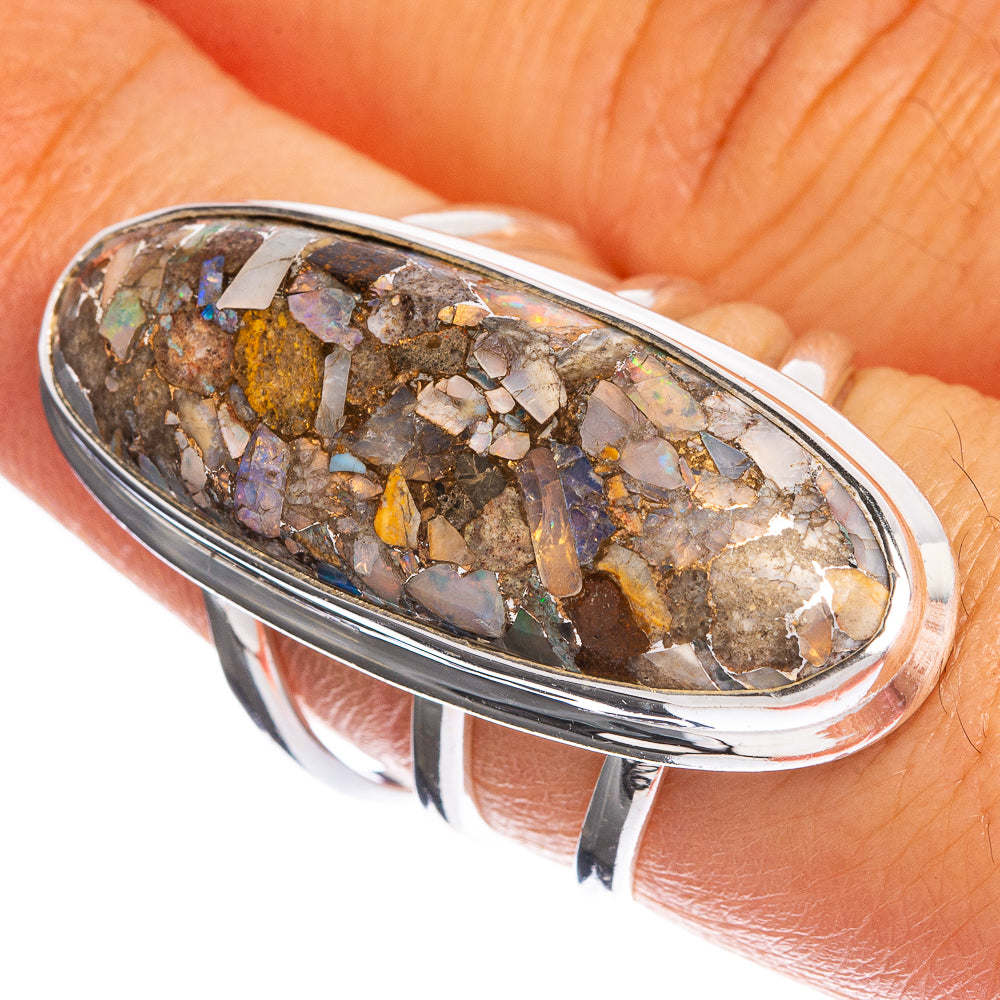Large oval opal ring in sterling silver with multicolor brecciated stone setting