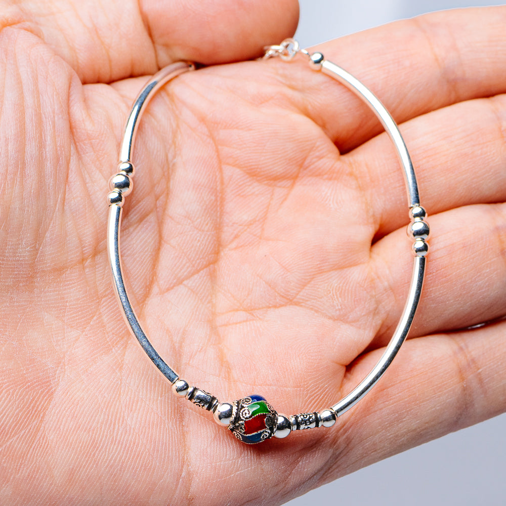 Tibetan Style Enamel Bead Bracelet 7 5/8" (.925 Sterling Silver)