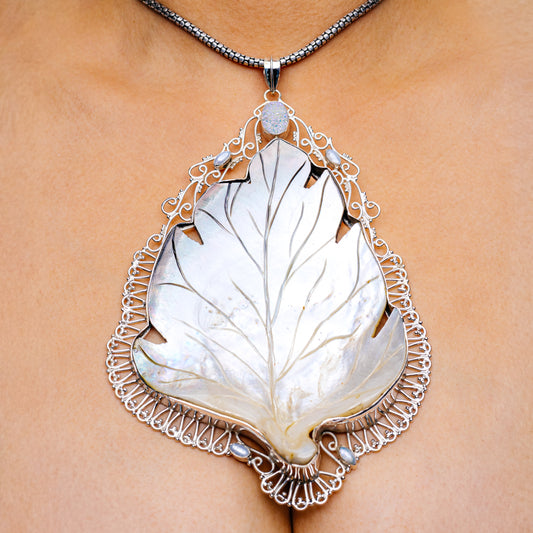 Gigantic Mother Of Pearl, Angel Aura Druzy, Cultured Pearl Pendant 6 7/8" (.925 Sterling Silver)