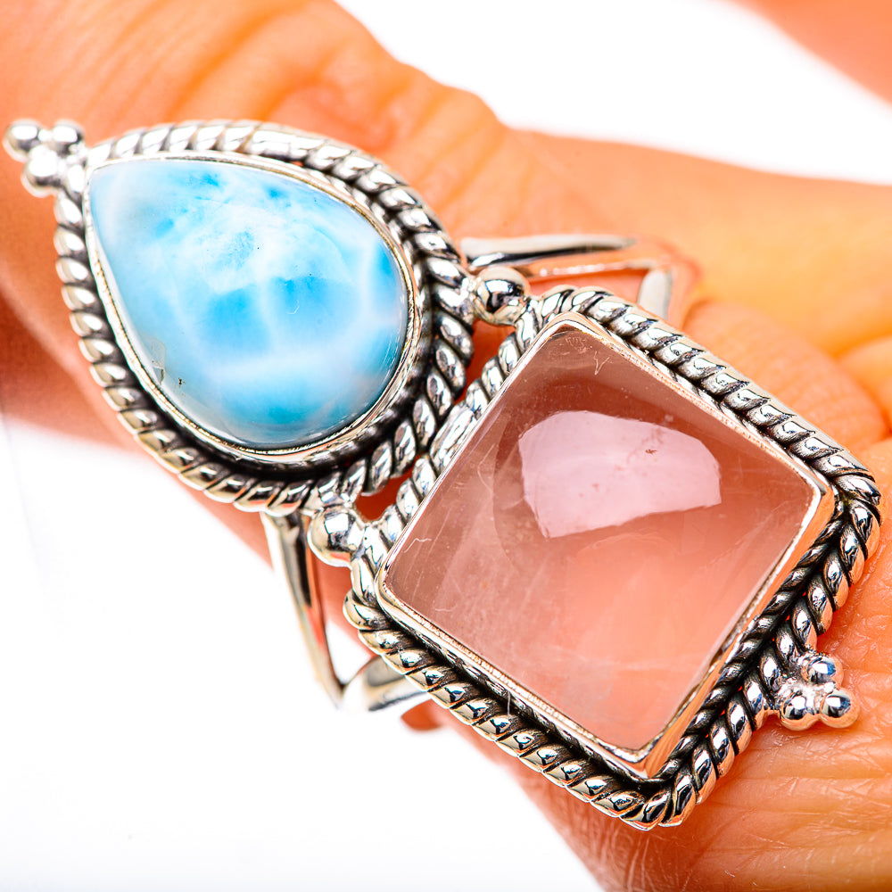 Large Rose Quartz, Larimar 925 Sterling Silver Ring Size 9.75 (925 Sterling Silver) RING139672