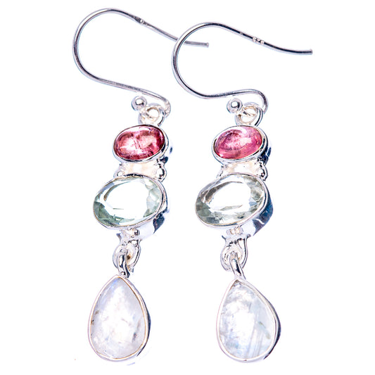 Rainbow Moonstone, White Quartz, Pink Tourmaline Earrings 1 3/4" (925 Sterling Silver) E1487