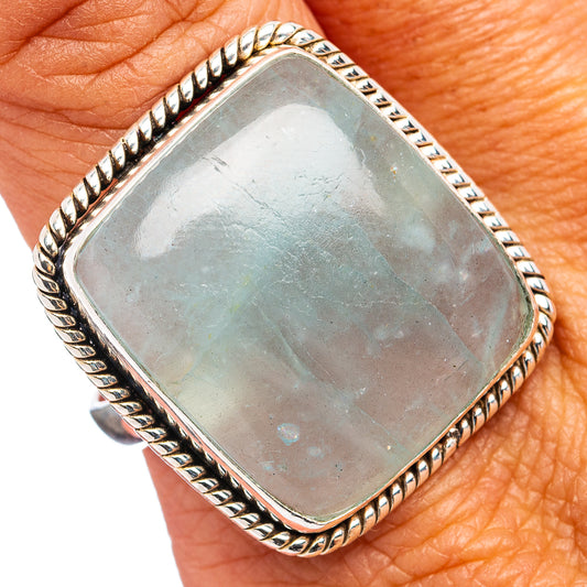 Sterling silver ring, size 10, square aquamarine cabochon with rope bezel