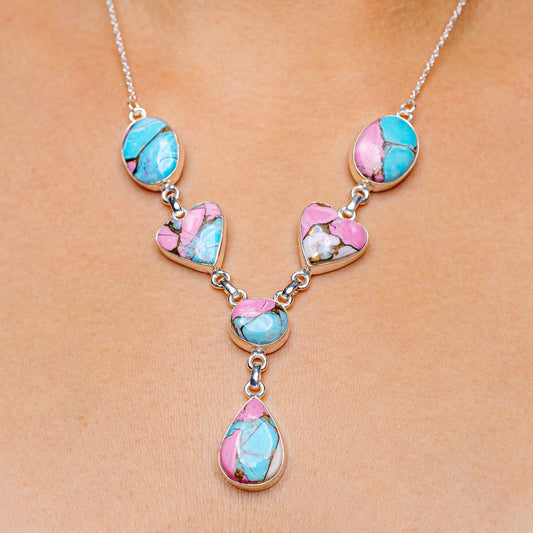 Turquoise and pink heart pendant necklace with .925 sterling silver chain, 18–20 in