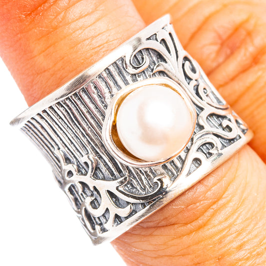 Sterling silver pearl ring with ornate band and round white cultured pearl