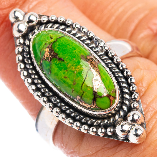 Oval green turquoise cabochon ring in sterling silver with beaded border