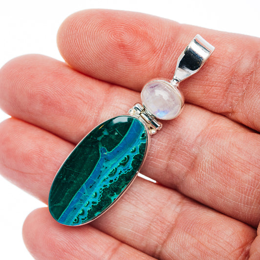Premium Malachite In Chrysocolla, Rainbow Moonstone Pendant 2" (.925 Sterling Silver)