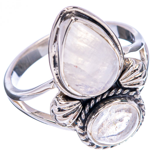 Sterling silver moonstone ring, oval top and round cabochon with ornate side details