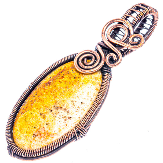Fossil coral wire-wrap pendant, teardrop yellow fossil stone in oxidized copper frame