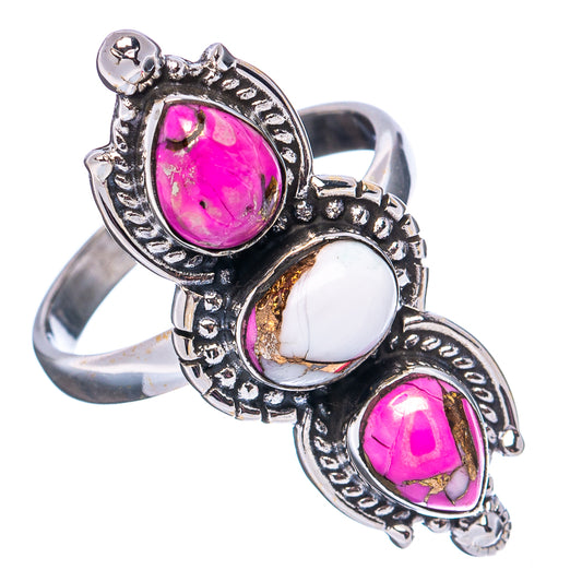Sterling silver ring with three magenta oval gemstones, two white cabochons, filigree band