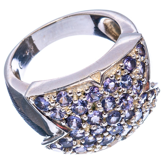 Sterling silver gemstone ring, split band set with purple round stones along the top