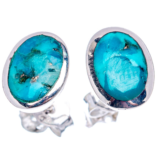 Turquoise oval stud earrings with silver bezel and polished backing