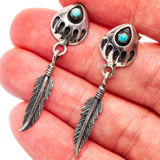 Native Style larimar earrings, sterling silver turquoise stone skull with feather dangles