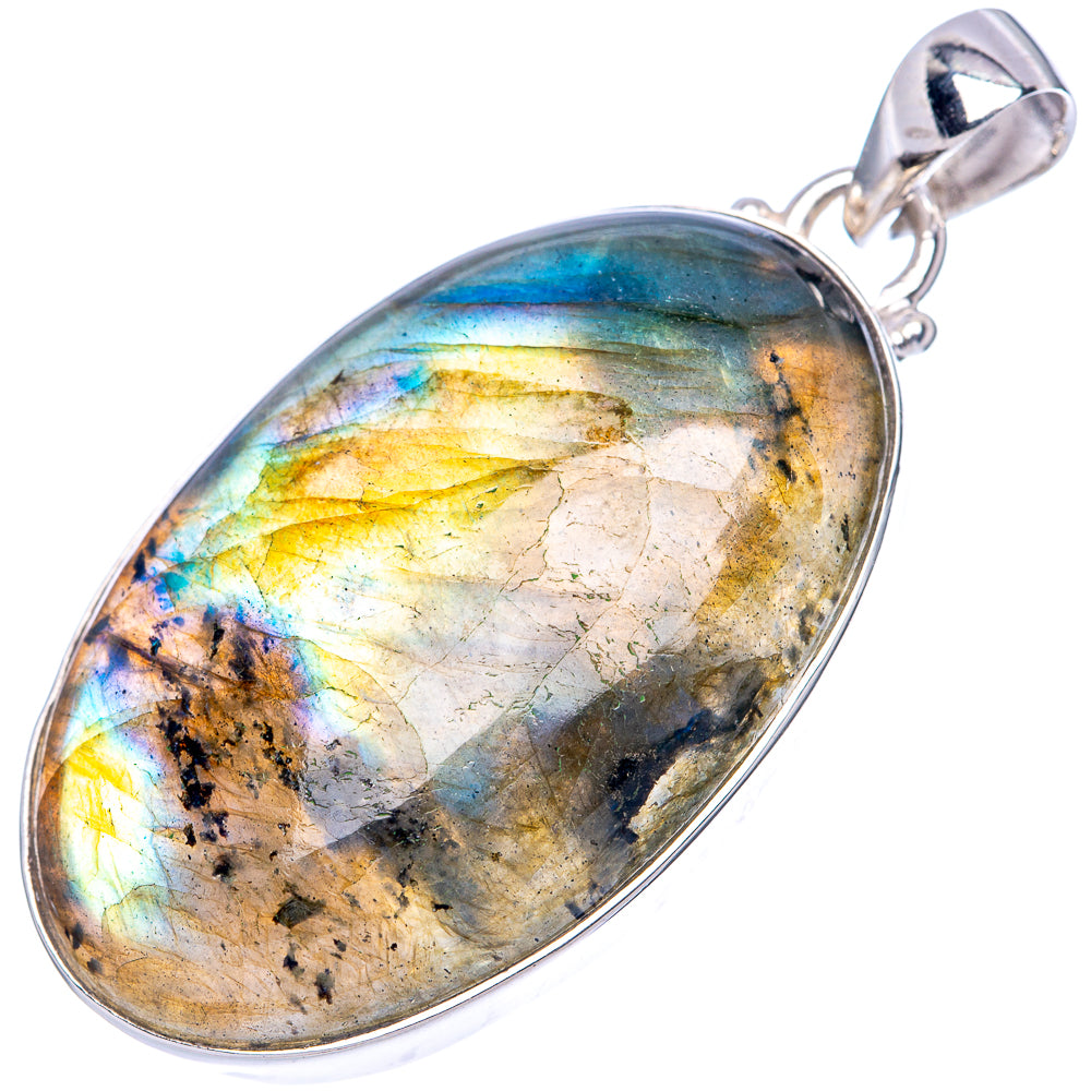 Oval labradorite pendant with 925 sterling silver bezel and bail, multicolor crackle sheen.