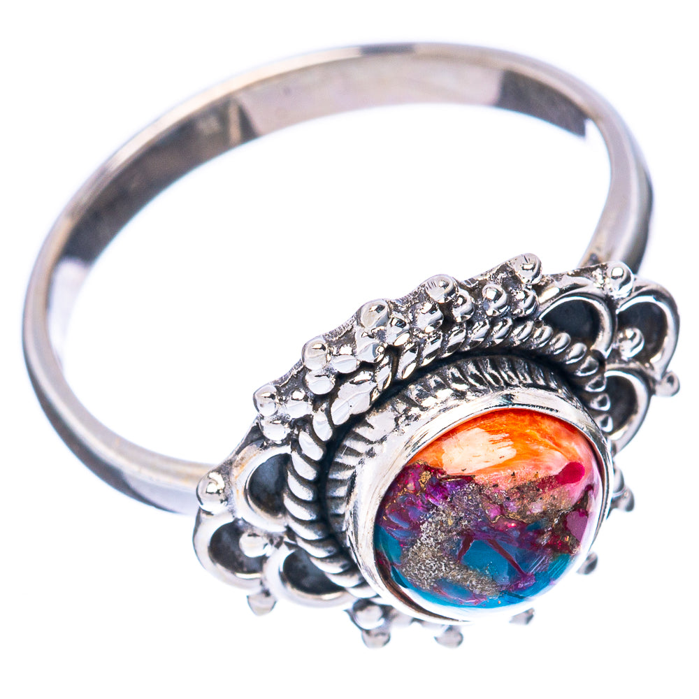 Sterling silver ring with scalloped frame and oval multicolor turquoise-pink cabochon