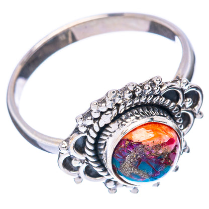 Sterling silver ring with scalloped frame and oval multicolor turquoise-pink cabochon