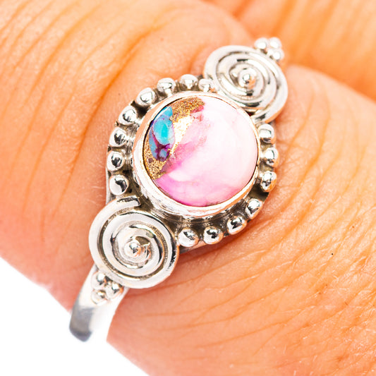 925 sterling silver ring with pink cabochon, turquoise-blue detail, ornate scroll setting