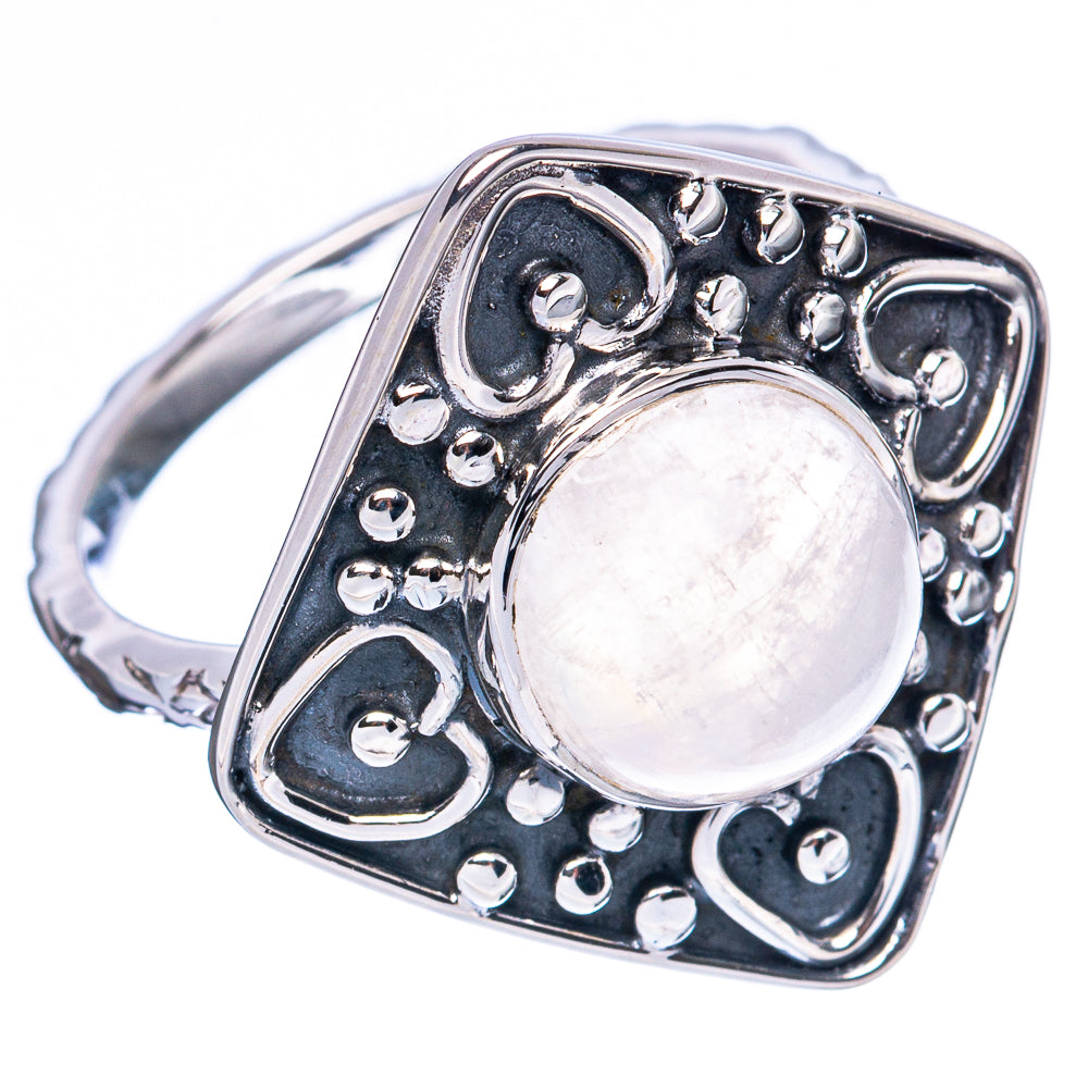 925 sterling silver moonstone ring close-up, oval moonstone in heart-studded frame