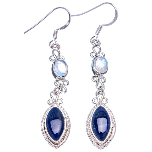 Sterling silver dangle earrings with moonstone top and dark blue sodalite oval drop