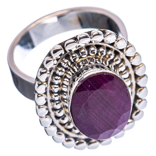 Sterling silver tone adjustable ring with round purple ruby cabochon and beaded sides