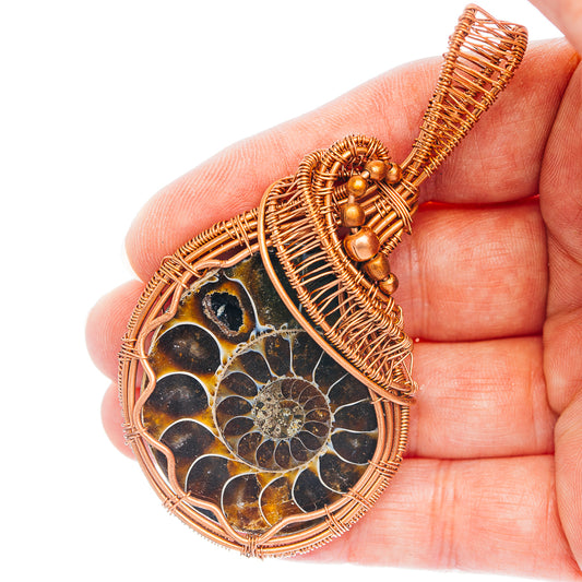 Ammonite Fossil Wire Wrap Pendant 3" (Copper)