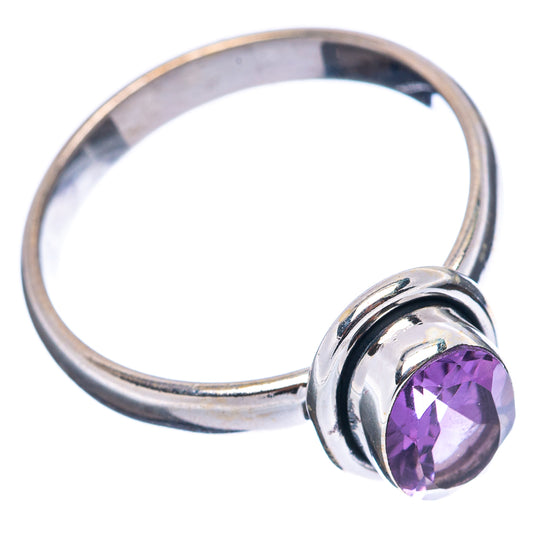 Sterling silver amethyst ring with round purple gemstone and open band, size 8