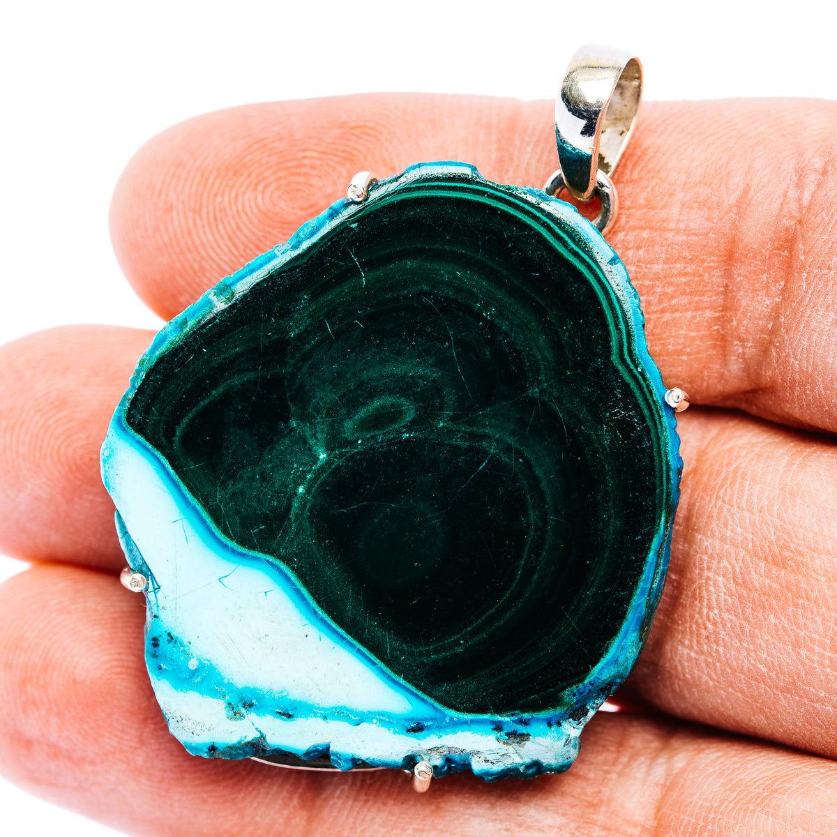 Chrysocolla-in-malachite slice pendant with sterling silver bail, round green-blue stone