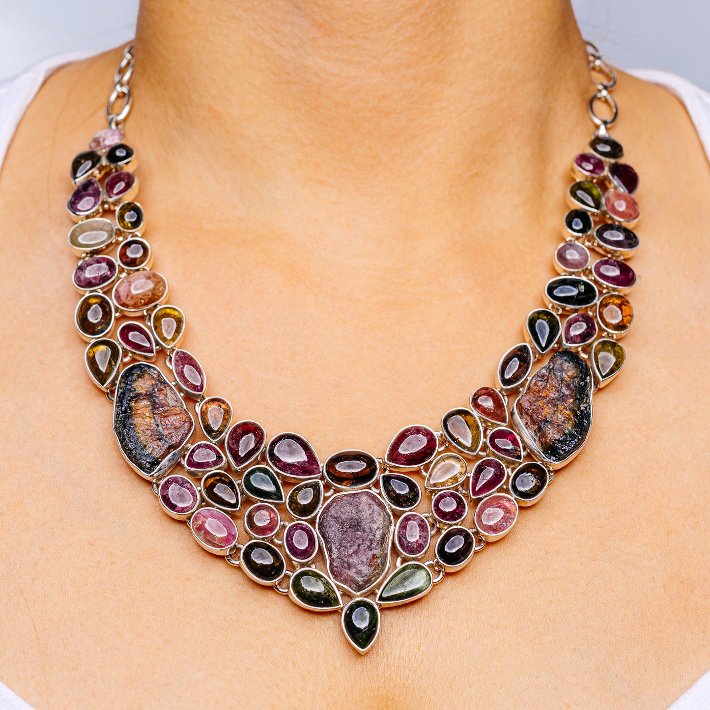 Multi-Tourmaline Necklace 20 to 21" (.925 Sterling Silver)