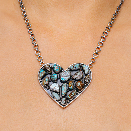 Turquoise mosaic heart necklace, 20 in, .925 sterling silver heart pendant