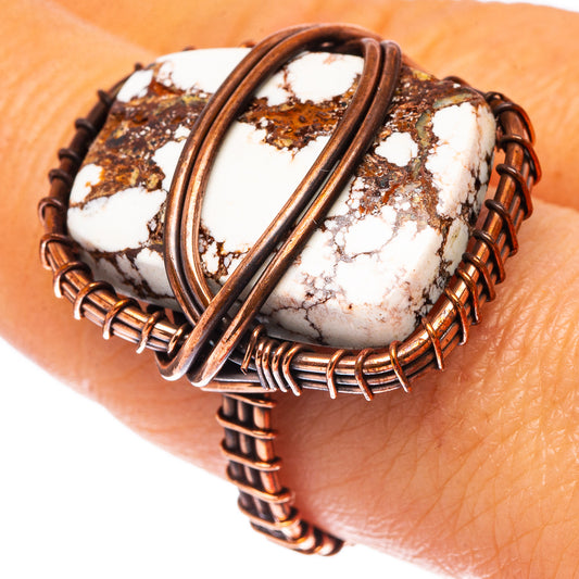 Oxidized copper ring with oval wild horse jasper cabochon, wrapped in coiled bands