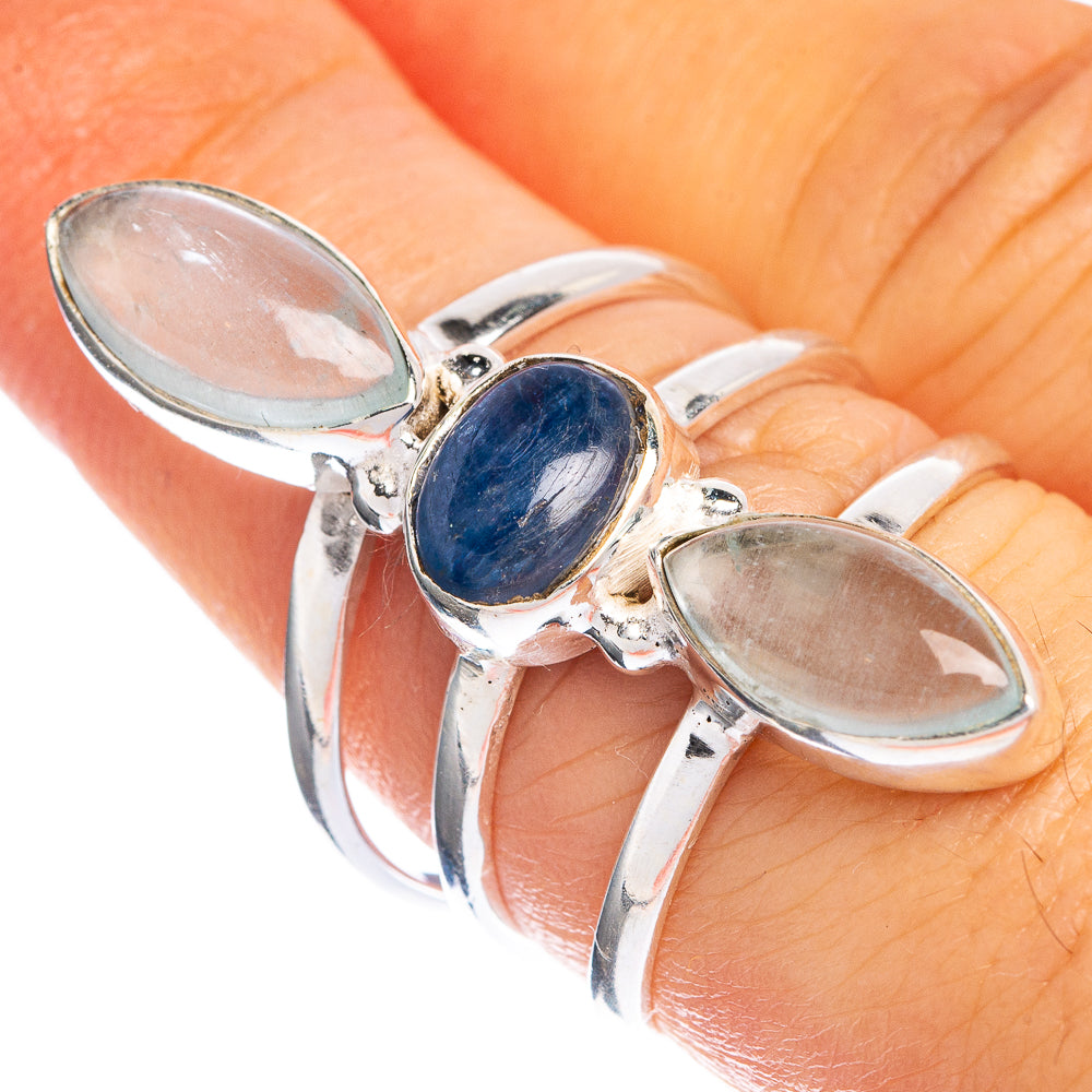Kyanite and aquamarine sterling silver ring with blue center stone and two oval side stones