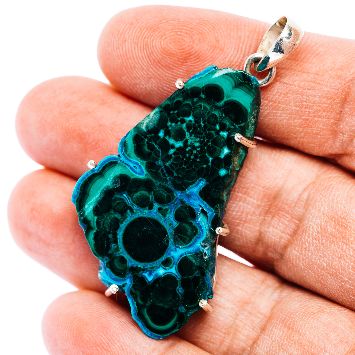 Chrysocolla In Malachite Slice Pendant 2 1/8" (.925 Sterling Silver)