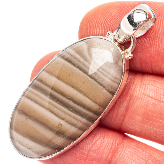 Striped flint oval pendant in .925 sterling silver with bail and textured silver frame