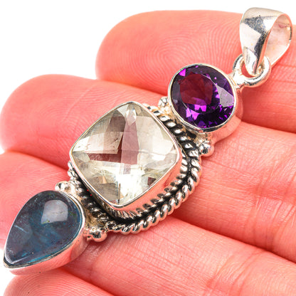 Sterling silver pendant with amethyst purple, clear quartz, and blue fluorite stones