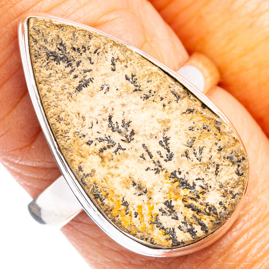 Teardrop psilomelane dendrite sterling silver ring, gold-brown stone with black striations