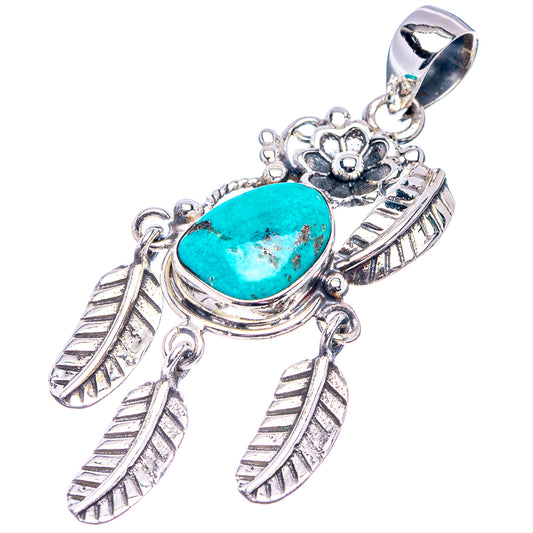 Turquoise native-style sterling silver pendant with oval cabochon and feather drops