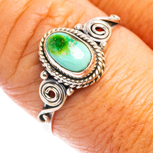Dainty oval turquoise cabochon sterling silver ring with rope bezel and scroll details