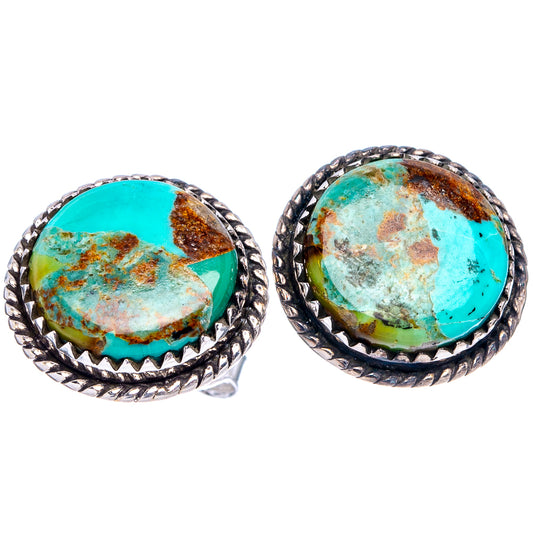 Pair of round turquoise cabochon stud earrings with braided .925 sterling silver bezels