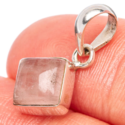 Rose quartz square pendant in 925 sterling silver frame and bail, close-up