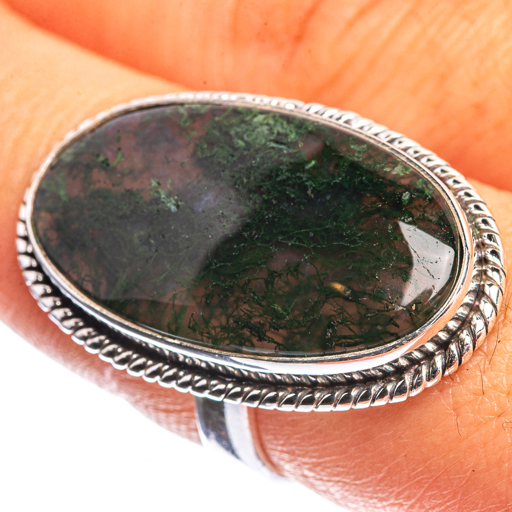 Large Green Moss Agate 925 Sterling Silver Ring Size 7.75