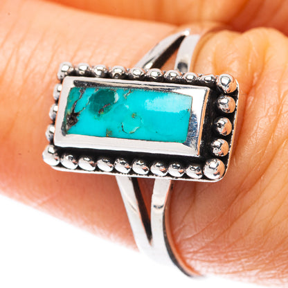 Turquoise rectangle gemstone sterling silver ring with beaded bezel, square setting
