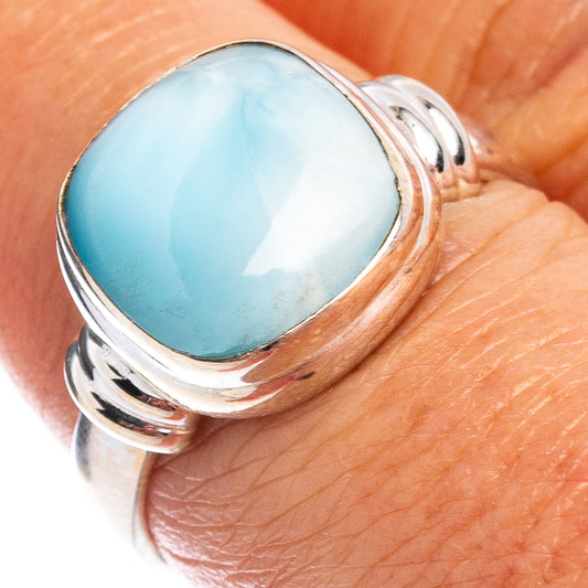 Sterling silver larimar ring with oval light-blue stone, smooth bezel, size 7.75