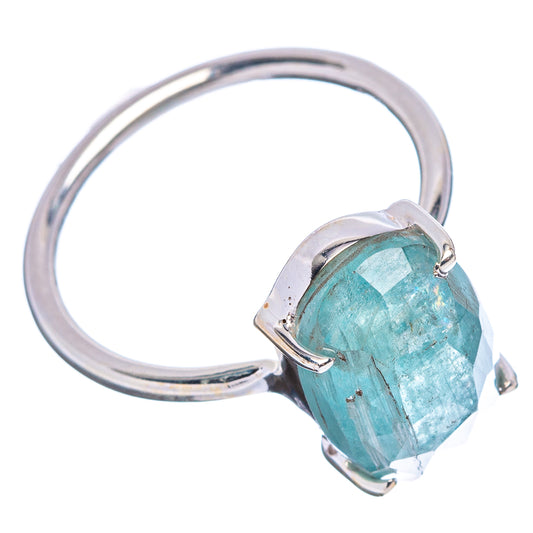 Sterling silver aquamarine ring with faceted cushion-cut stone in bezel, size 7