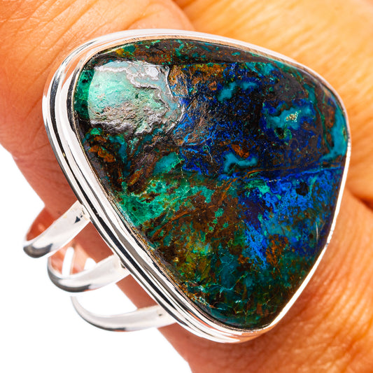 Sterling silver ring with teardrop azurite-malachite stone, green blue mottled face