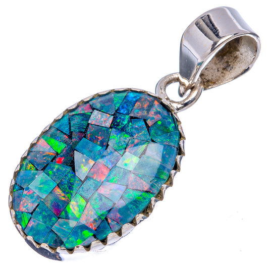 Sterling silver opal pendant, oval mosaic stone with hinged open bail
