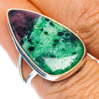 Sterling silver oval gemstone ring with green and purple speckled ruby-in-zoisite stone
