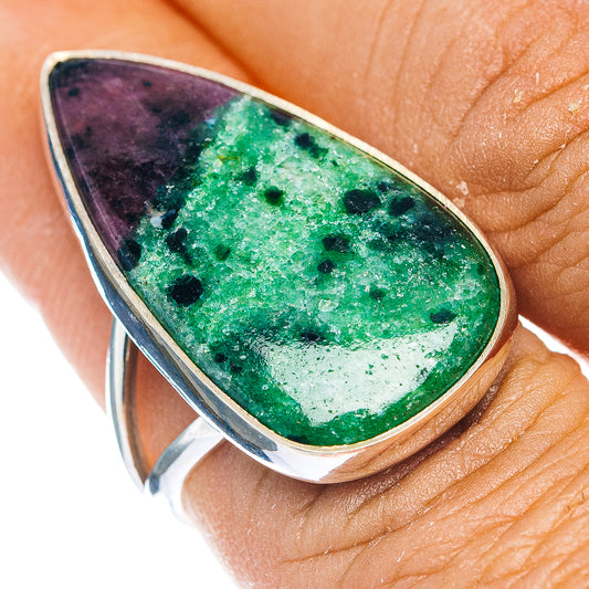 Sterling silver oval gemstone ring with green and purple speckled ruby-in-zoisite stone