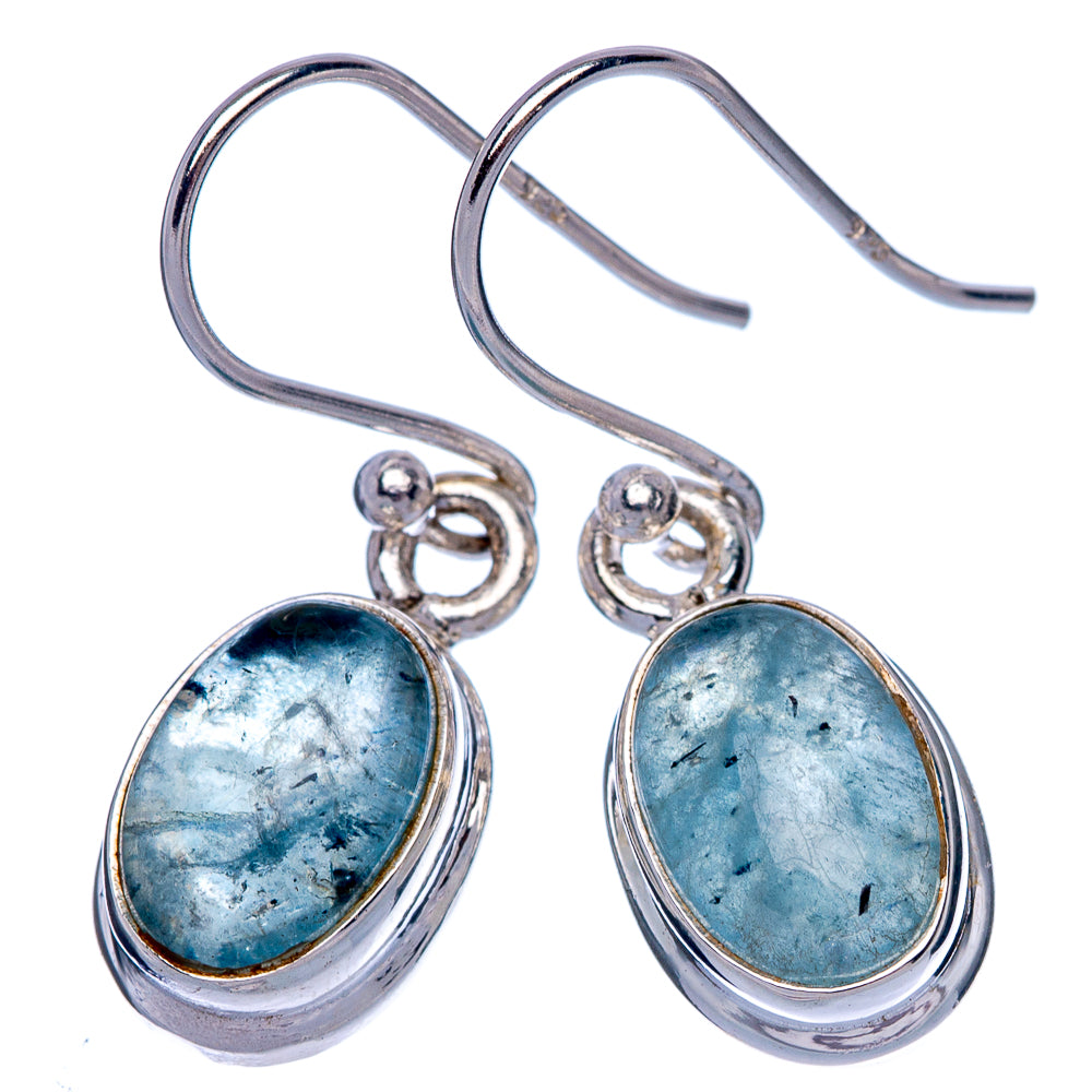Sterling silver drop earrings with blue oval aquamarine cabochons, dangling fishhooks