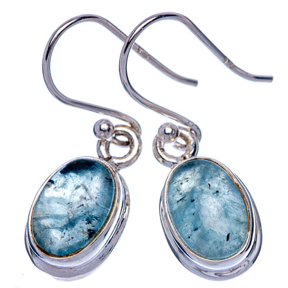 Sterling silver drop earrings with blue oval aquamarine cabochons, dangling fishhooks