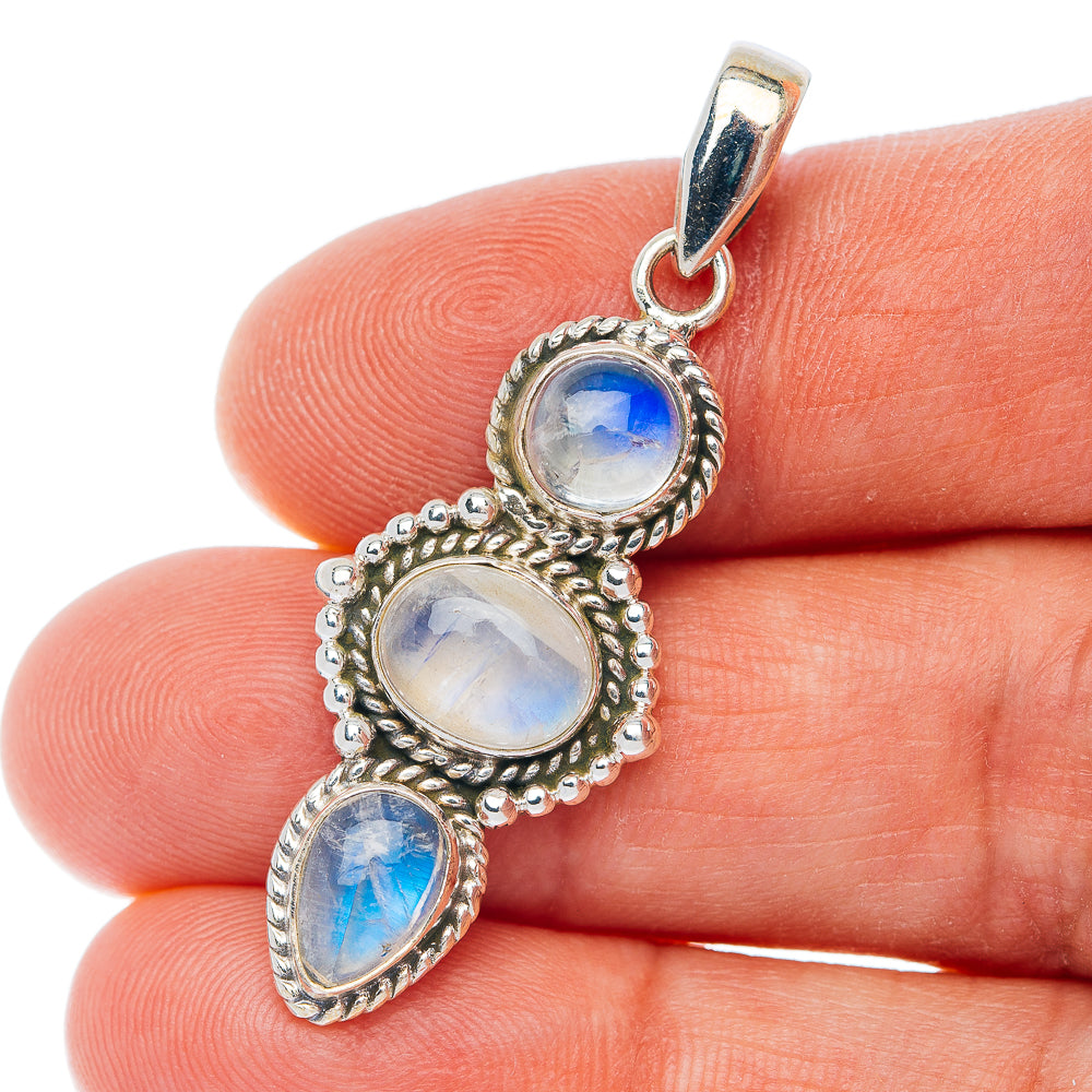 Sterling silver pendant with three oval rainbow moonstone cabochons
