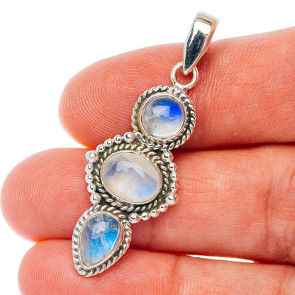 Sterling silver pendant with three oval rainbow moonstone cabochons